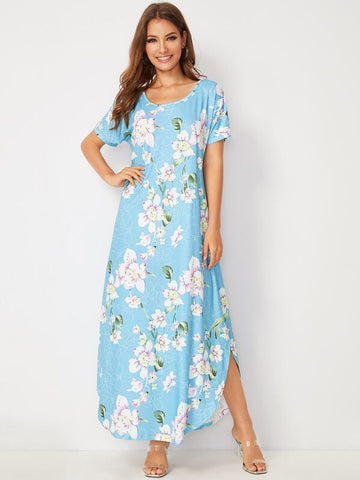 Side Slit Floral Print Curved Hem Maxi Dress