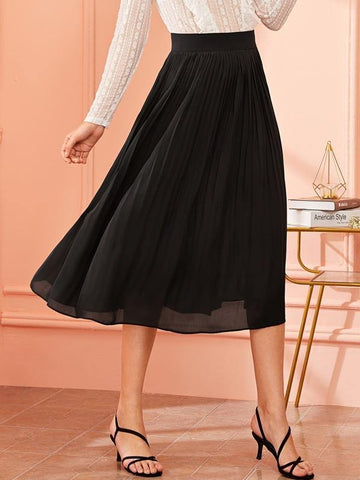 Solid Wide Waistband Pleated Skirt - takostyle