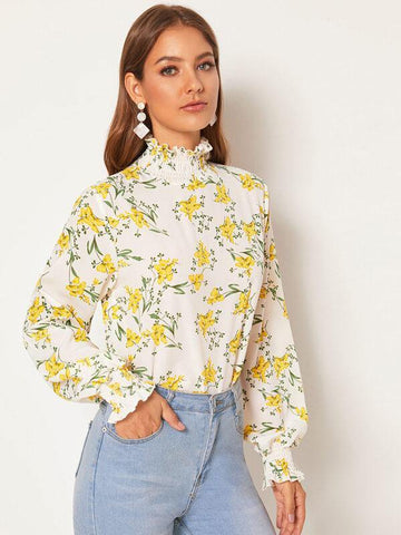 Floral Shirred Frill Neck Keyhole Back Blouse - takostyle