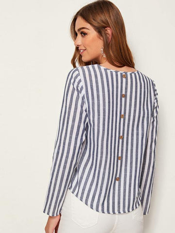 Striped Button Detailing Long Sleeve Top - takostyle