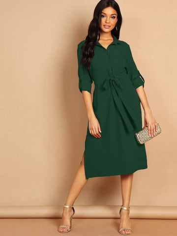Roll Up Sleeve Self Belted Split Side Shirt Dress - takostyle