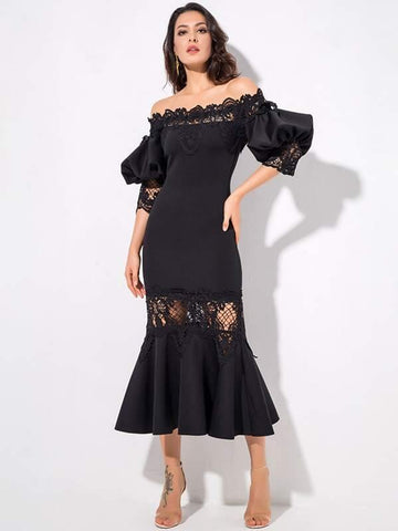 LOVE&amp;LEMONADE Lace Insert Bishop Sleeve Bardot Mermaid Dress - takostyle