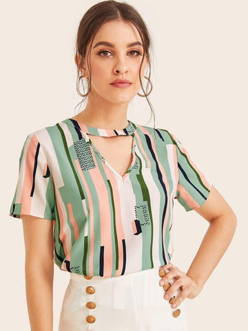 Choker Neck Mixed Print Top - takostyle