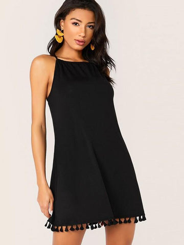 Solid Tassel Hem Tie Back Halter Dress - takostyle