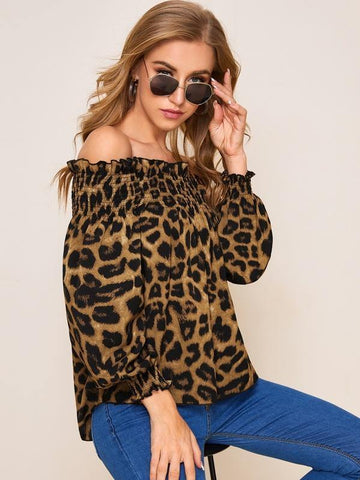 Leopard Shirred Frill Off Shoulder Top - takostyle