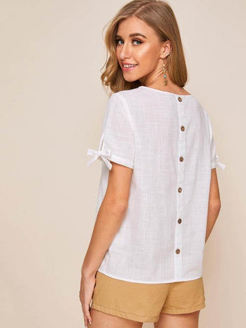 Button Back Knotted Cuff Top - takostyle