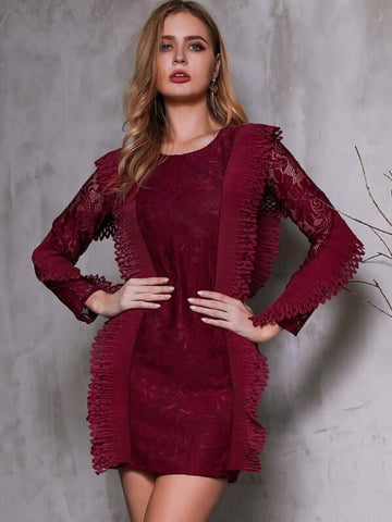 Glamaker Solid Ruffle Trim Lace Bodycon Dress - takostyle