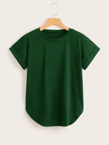 Solid Round Neck Curved Hem Tee - takostyle