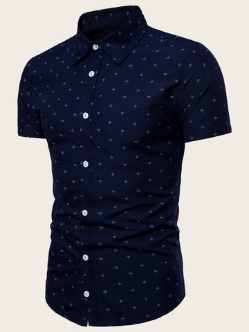 Men Anchor Print Curved Hem Shirt