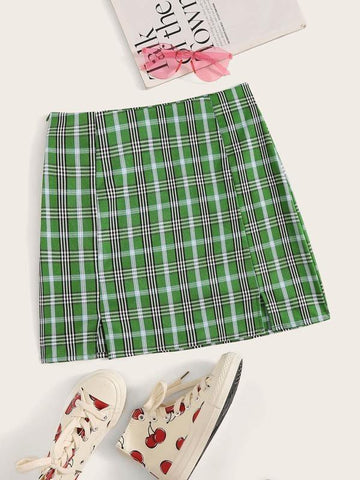 Split Hem Plaid Skirt - takostyle