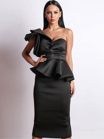 Missord Exaggerated Ruffle One Shoulder Peplum Pencil Dress - takostyle