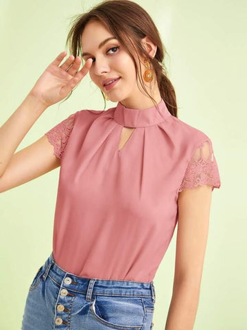 Embroidered Mesh Sleeve Keyhole Neckline Top - takostyle