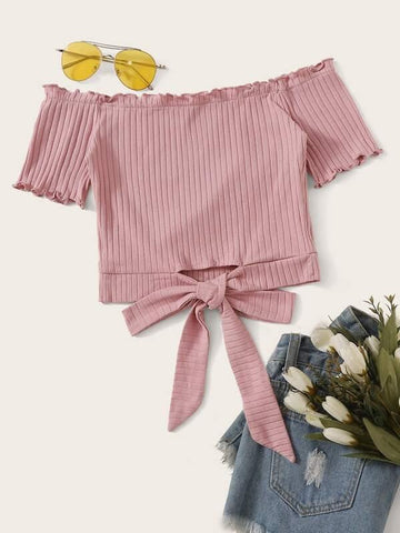 Lettuce Trim Tie Hem Rib-knit Bardot Top - takostyle