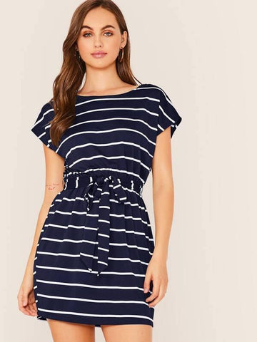 Batwing Sleeve Self Belted Striped Dress - takostyle