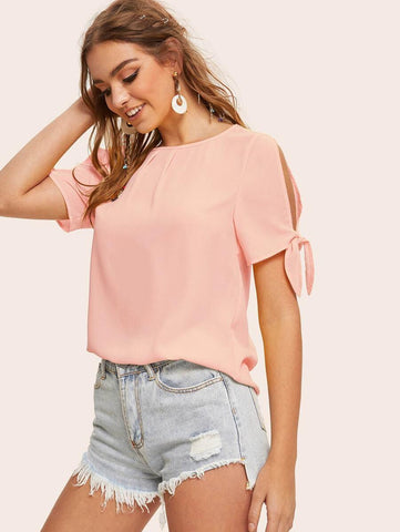 Solid Self-Tie Split Sleeve Top - takostyle