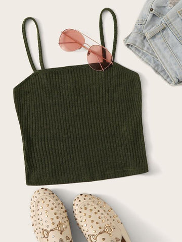 Solid Rib-knit Crop Cami Top - takostyle