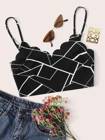 Geo Print Scalloped Cropped Cami Top - takostyle