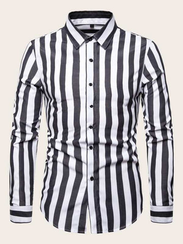 Men Black & White Vertical-Striped Shirt