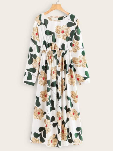 Floral Print Shirred Waist Dress - takostyle