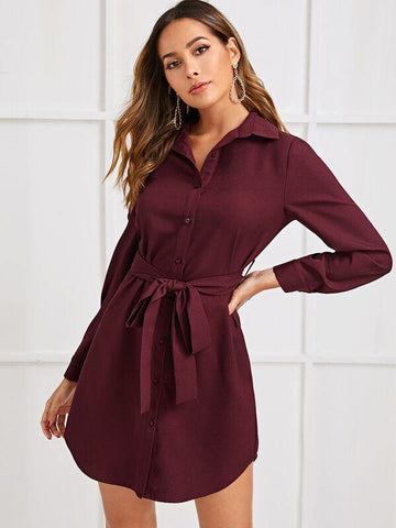 Curved Hem Belted Shirt Dress - takostyle