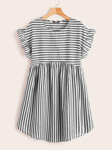 Ruffle Cuff Striped Dress - takostyle