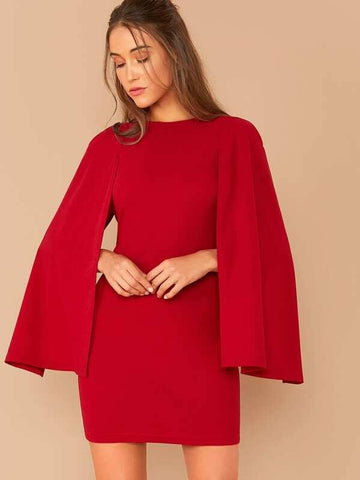 Solid Cloak Sleeve Bodycon Dress Without Belt - takostyle