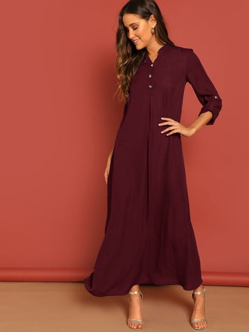 Roll Up Sleeve Buttoned Half Placket Maxi Dress