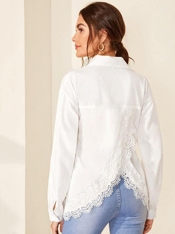 Contrast Guipure Lace Solid Blouse - takostyle