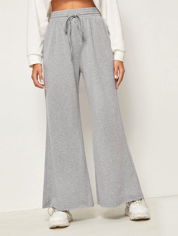 Solid Drawstring Waist Wide Leg Pants - takostyle