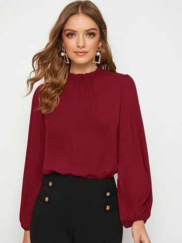 Frilled Neck Lantern Sleeve Top - takostyle