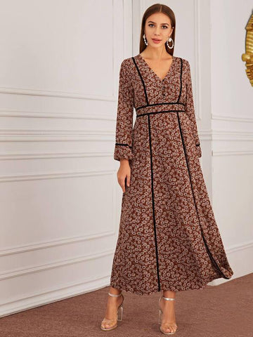 Floral Button Front Contrast Binding Dress - takostyle