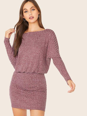 Dolman Sleeve Rib-knit Blouson Dress - takostyle