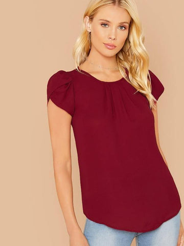 Solid Keyhole Back Petal Sleeve Top - takostyle