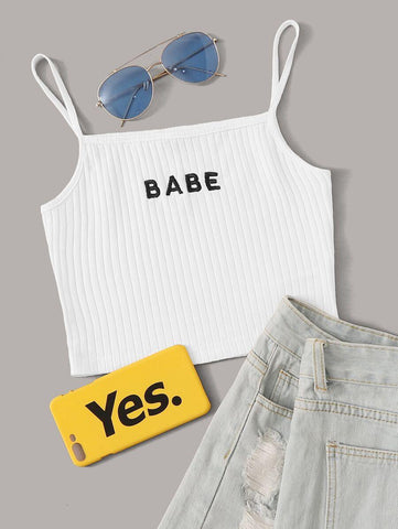 Letter Embroidery Rib-knit Cami Top - takostyle
