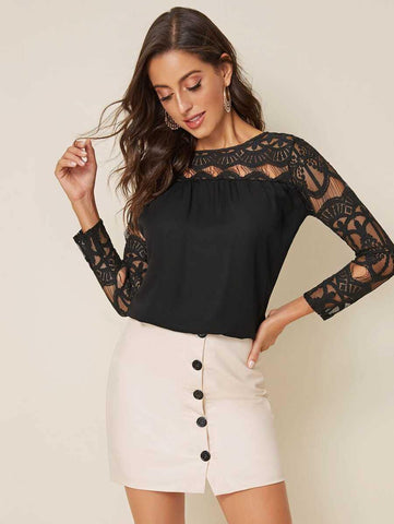 Keyhole Back Lace Yoke Blouse - takostyle