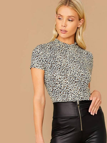Mock-neck Leopard Print Top - takostyle