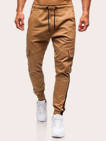 Men Pocket Side Drawstring Waist Cargo Pants