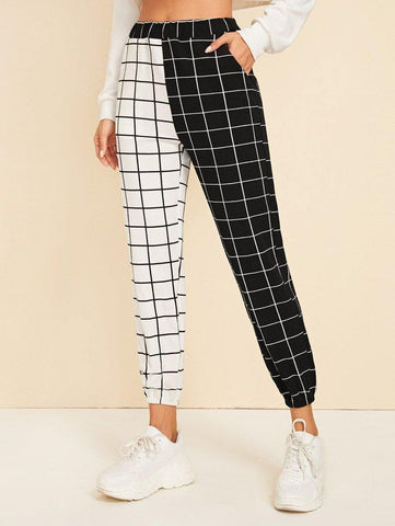 Two Tone Slant Pocket Grid Pants - takostyle