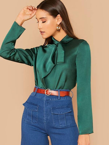 Mock Neck Draped Front Satin Blouse - takostyle