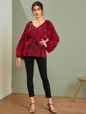 Snakeskin V-neck Self Tie Blouse - takostyle