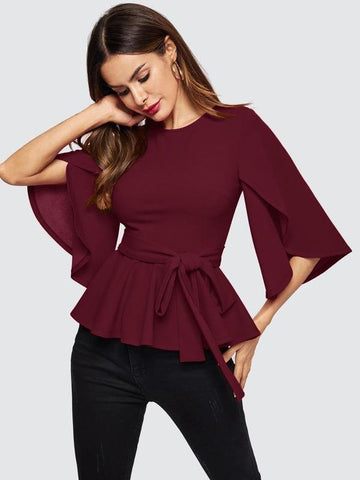 Split Sleeve Belted Peplum Top - takostyle