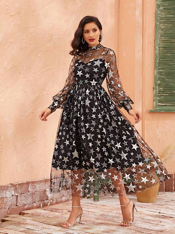 Mock Neck Allover Star Mesh Overlay Dress - takostyle