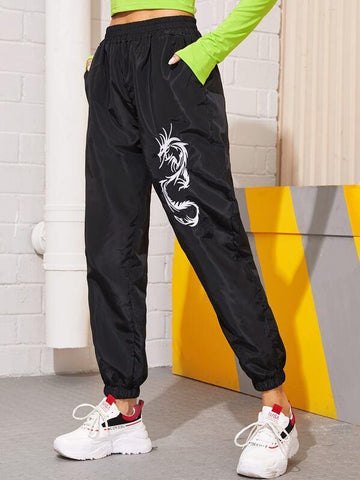 Dragon Embroidery Elastic Waist Windbreaker Pants - takostyle