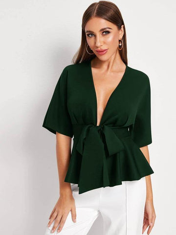 Plunging Tie Front Peplum Top - takostyle