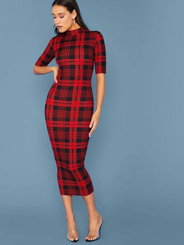 Mock Neck Slit Hem Tartan Bodycon Dress Without Belt - takostyle