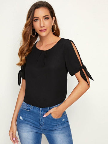 Solid Self-Tie Split Sleeve Top - takostyle