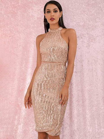 LOVE&amp;LEMONADE Slit Hem Sequin Midi Bodycon Halter Dress - takostyle