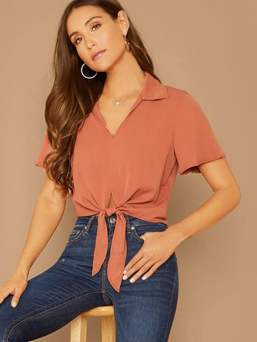 Collared V-neck Tie Front Top - takostyle