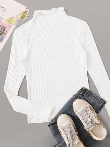 Ribbed Mock Neck Lettuce-Edge Top - takostyle