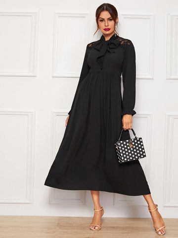 Lace Panel Flounce Sleeve A-line Dress - takostyle